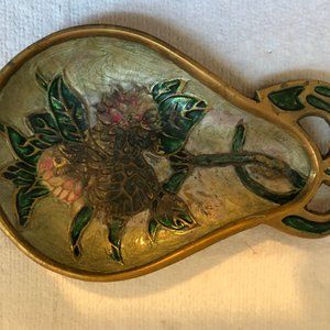 Vintage Brass enameled pear shape trinket dish small plate green, gold and pink